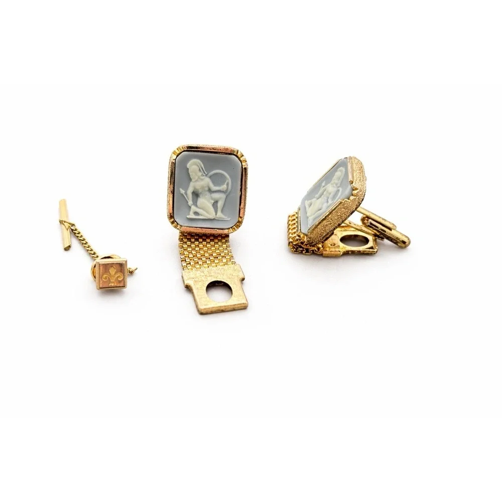Vintage SWANK Roman Soldier Cameo Cufflinks Tie Tac Set Gold Tone Mesh